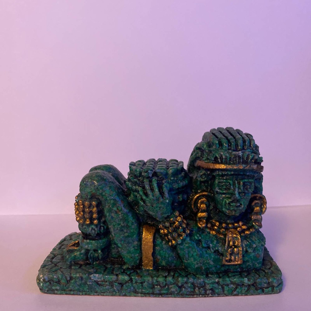 Aztec Mayan Zarebski God Crushed Malachite Statue with Gold Accents 4.3"x2.8